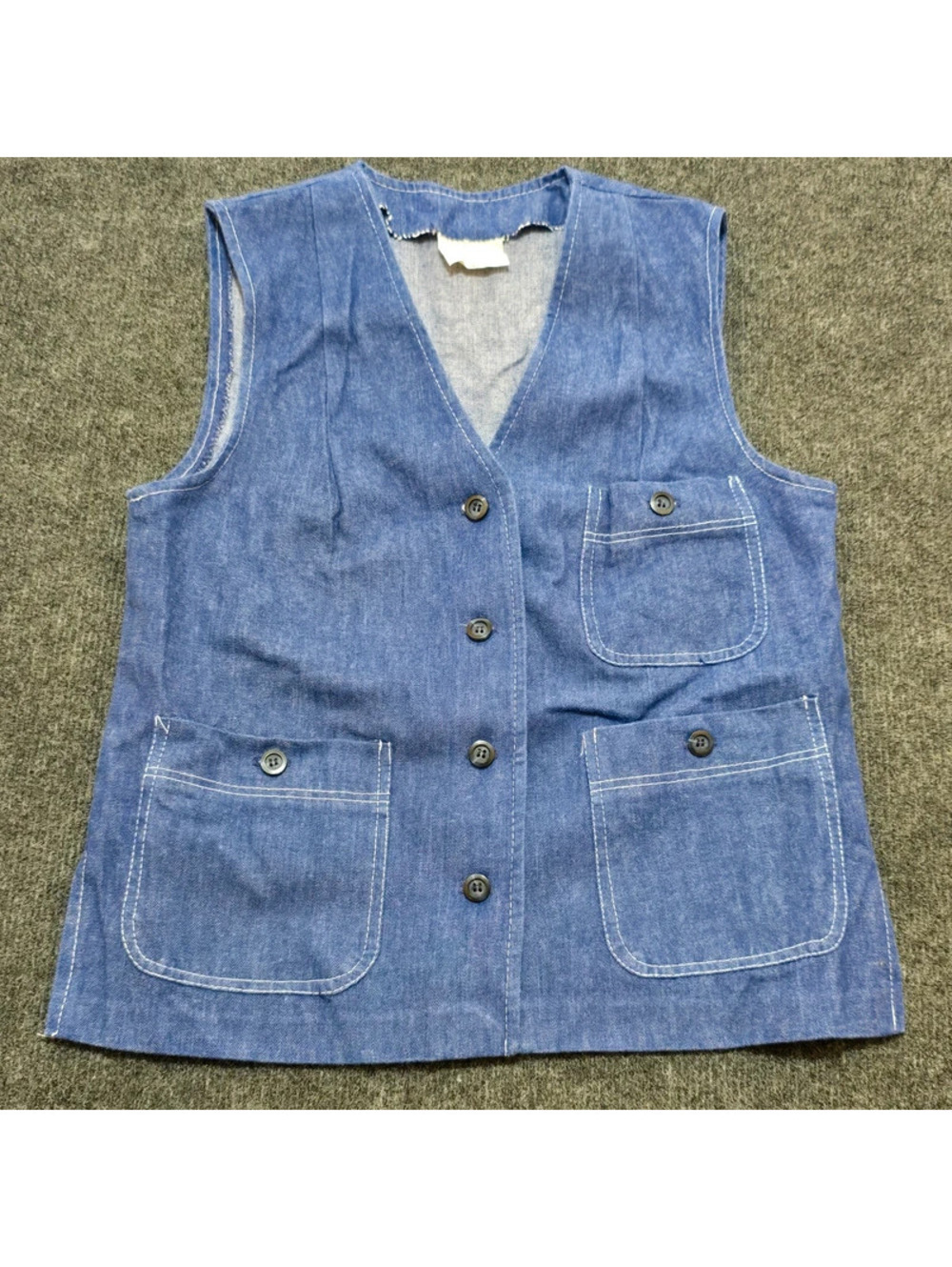 VTG 70s Sears Denim Chambray Vest Womens 10 Blue Contrast Stitch Utility Work